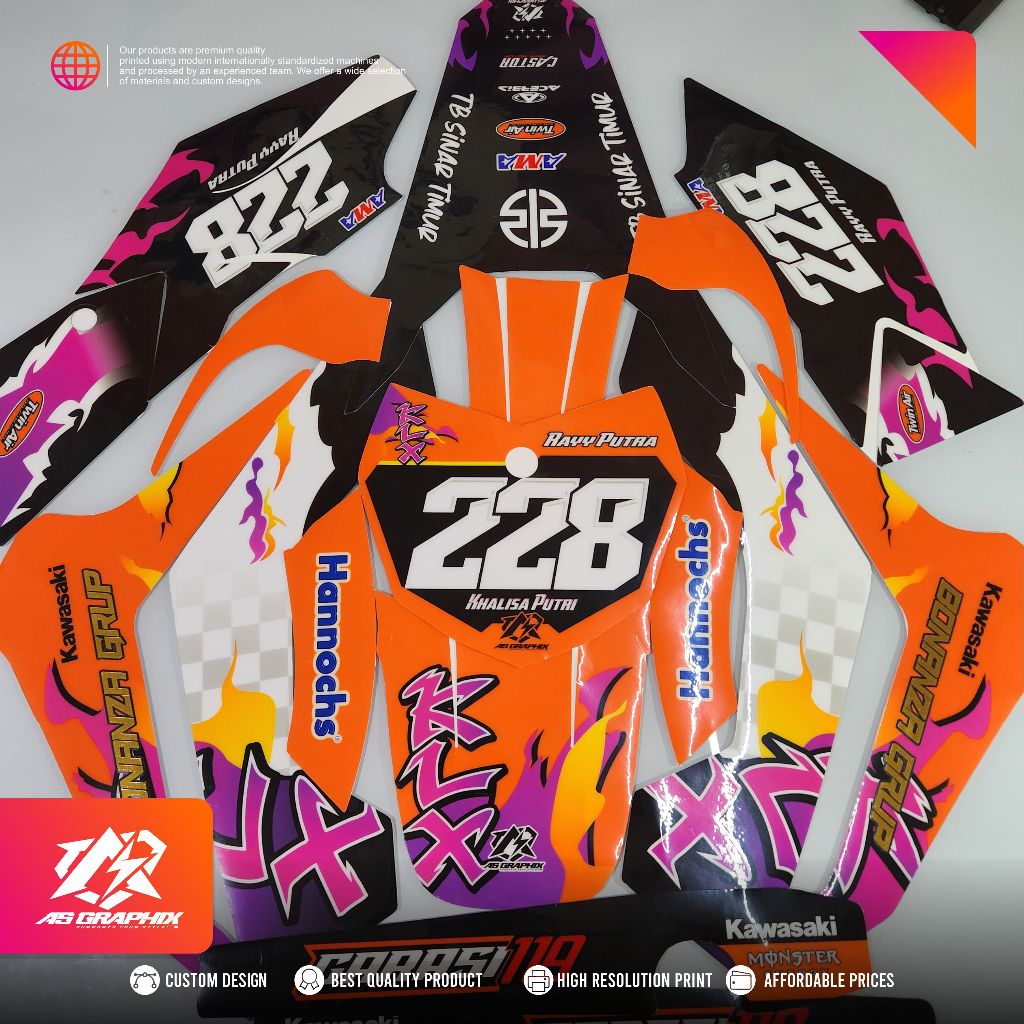 DECAL KLX 140 ORANGE NEW MOTIF BISA CUSTOM WARNA NAMA DAN NOMOR