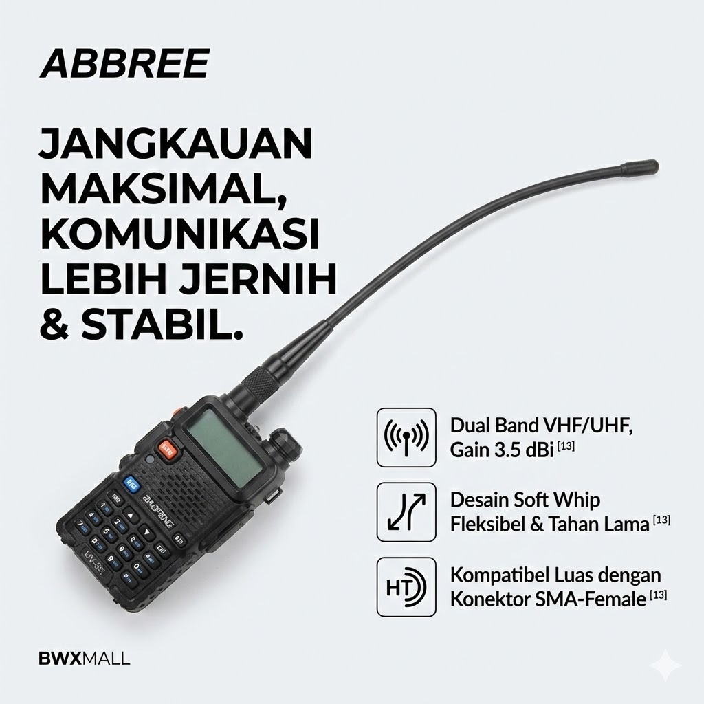 Antena Walkie Talkie ABBREE 48cm Dual Band High Gain 3.5dBi SMA Female Lentur Fleksibel Tahan Patah 