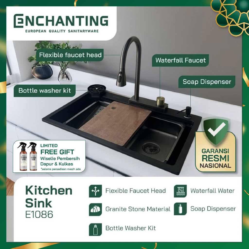 ENCHANTING Kitchen Sink Bak Cuci Piring Dapur Granite 1 Bowl Topmount Black E1086