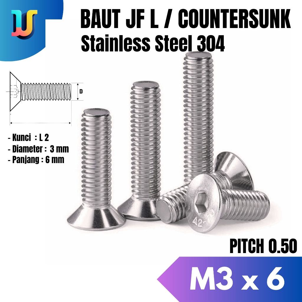 SS304 Baut Verseng L M3x6 Stainless Steel / Baut JF L M3x6 SS304 / Baut Countersunk L M3 x 6 Stainle