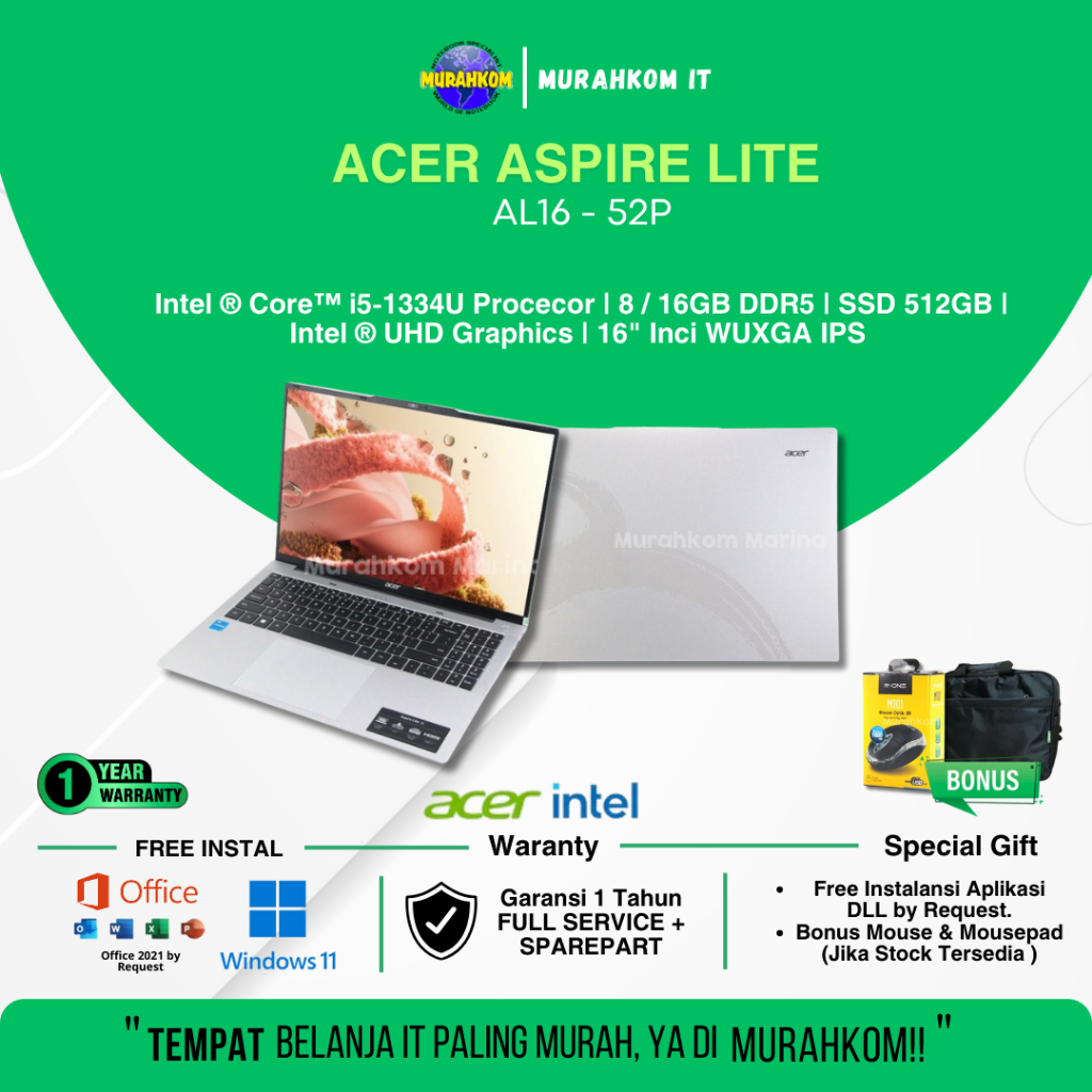 LAPTOP Acer Aspire Lite 16 i5 1334U RAM 16GB RAM SSD 512GB 16"Inci WUXGA IPS Display Windows 11 + Of