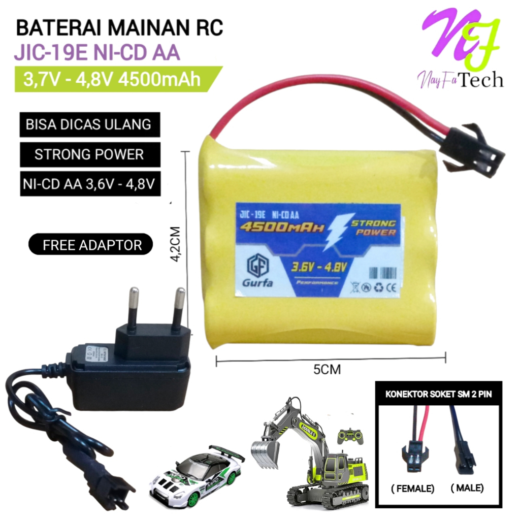 Paket Adaptor Charger + Batterai Mobil Remot/ Mainan RC 3X NI-CD AA 3.6V - 4500mAh Socket Hitam