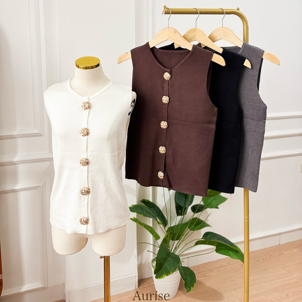 AURÍSE Arwen Knit Vest Wanita Premium – Outer Rajut Tanpa Lengan Kancing Gold Elegan