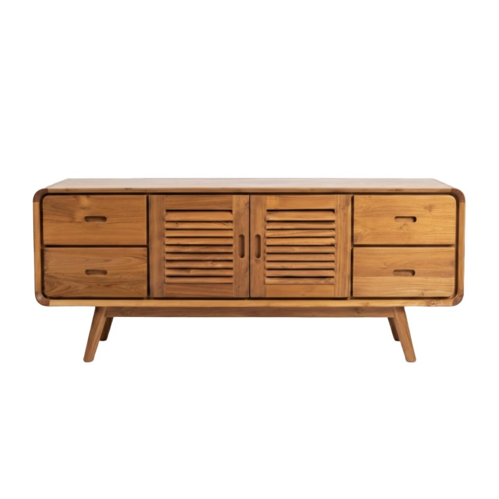 Bufet TV Retro Minimalis Kayu Jati 4 Laci 2 Pintu - Credenza Sideboard Meja TV Jati Asli Estetik Mid