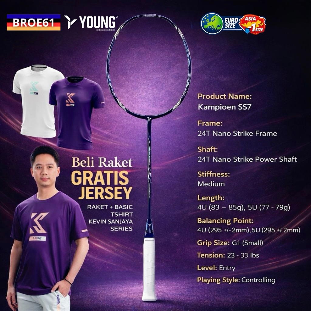 Young Kampioen SS7 SS8 SS9 Raket Badminton Kevin Sanjaya Beli Raket Bonus Jersey Basic T-Shirt KS Se