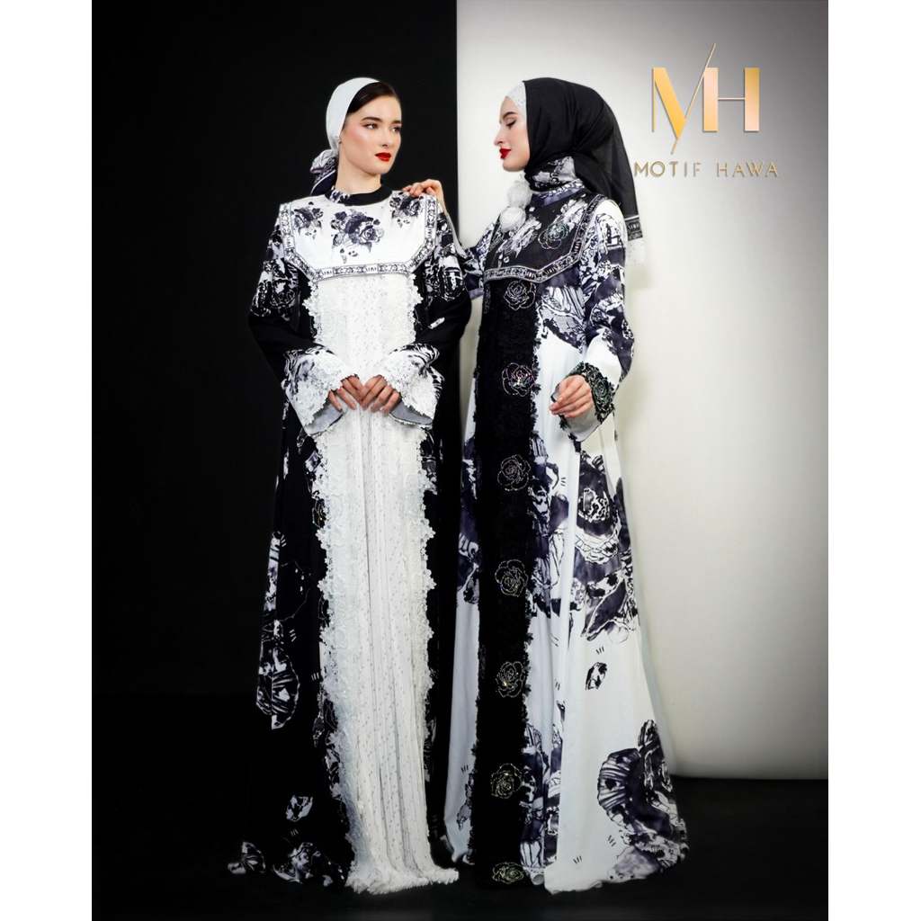 ABAYA MOTIFHAWA CAMILIA BY MOTIF HAWA /ABAYA MUSLIMAH HITAM PUTIH MEWAH PREMIUM