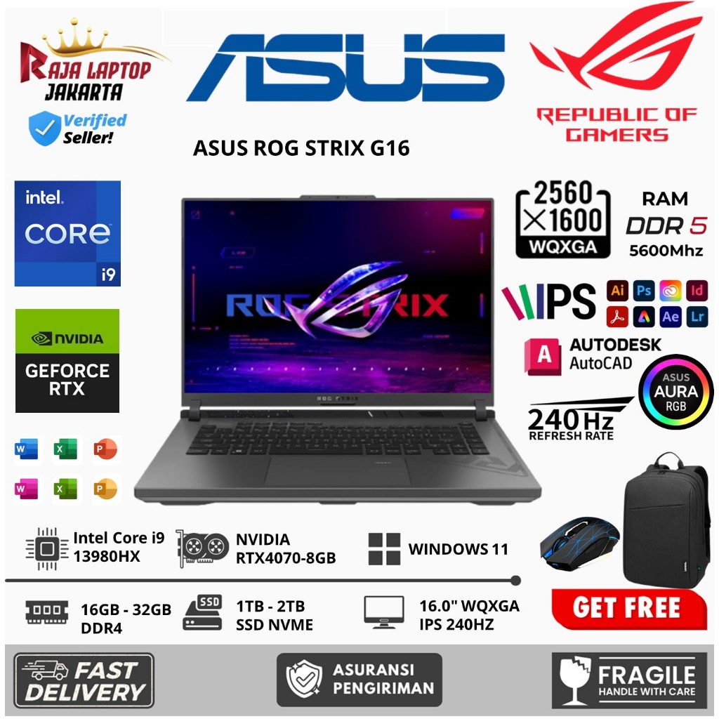 Laptop Gaming Asus Rog Strix G16 G614JI Intel I9 13980hx Rtx4070-8GB Ram 32GB 2TB SSD Win11 240hz