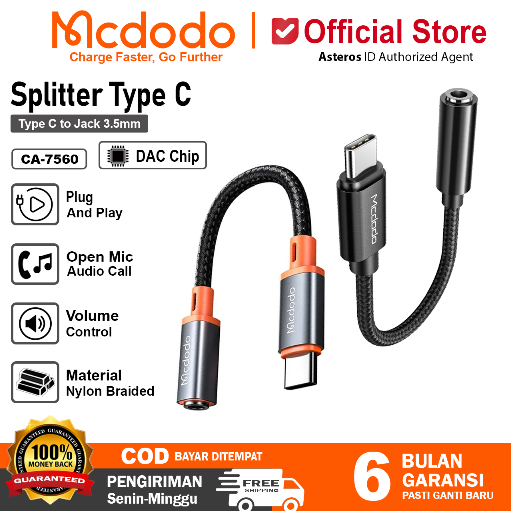 MCDODO SPLITTER TYPE C TO JACK 3.5MM FOR SAMSUNG OPPO MI REALME VIVO SUPPORT AUDIO, CALL, OPEN MIC