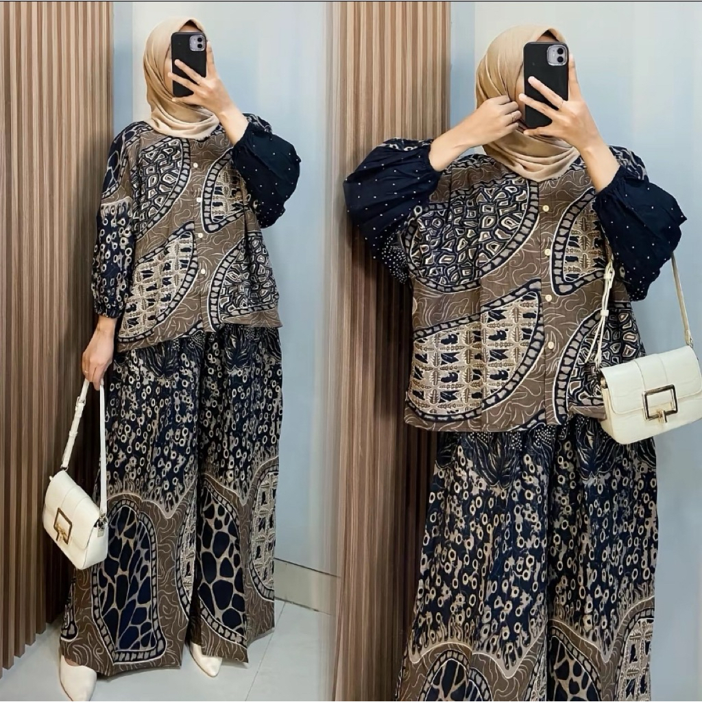 Setelan Jumbo Lembayung Atasan blouse Batwing dan celana kulot Bahan rayon batik adem nyaman Busui K