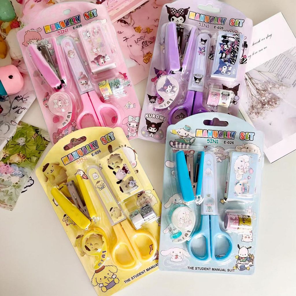 Set Gunting Lucu Karakter 5 in 1 Staples Dispenser Solatip Banyak Warna