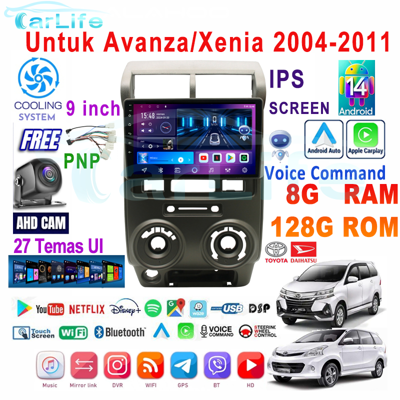 Avanza/Xenia 2004-2011 | 8G+128G Android 14 Head Unit Termasuk Frame/PNP Soket 9 Inch IPS Layer TV