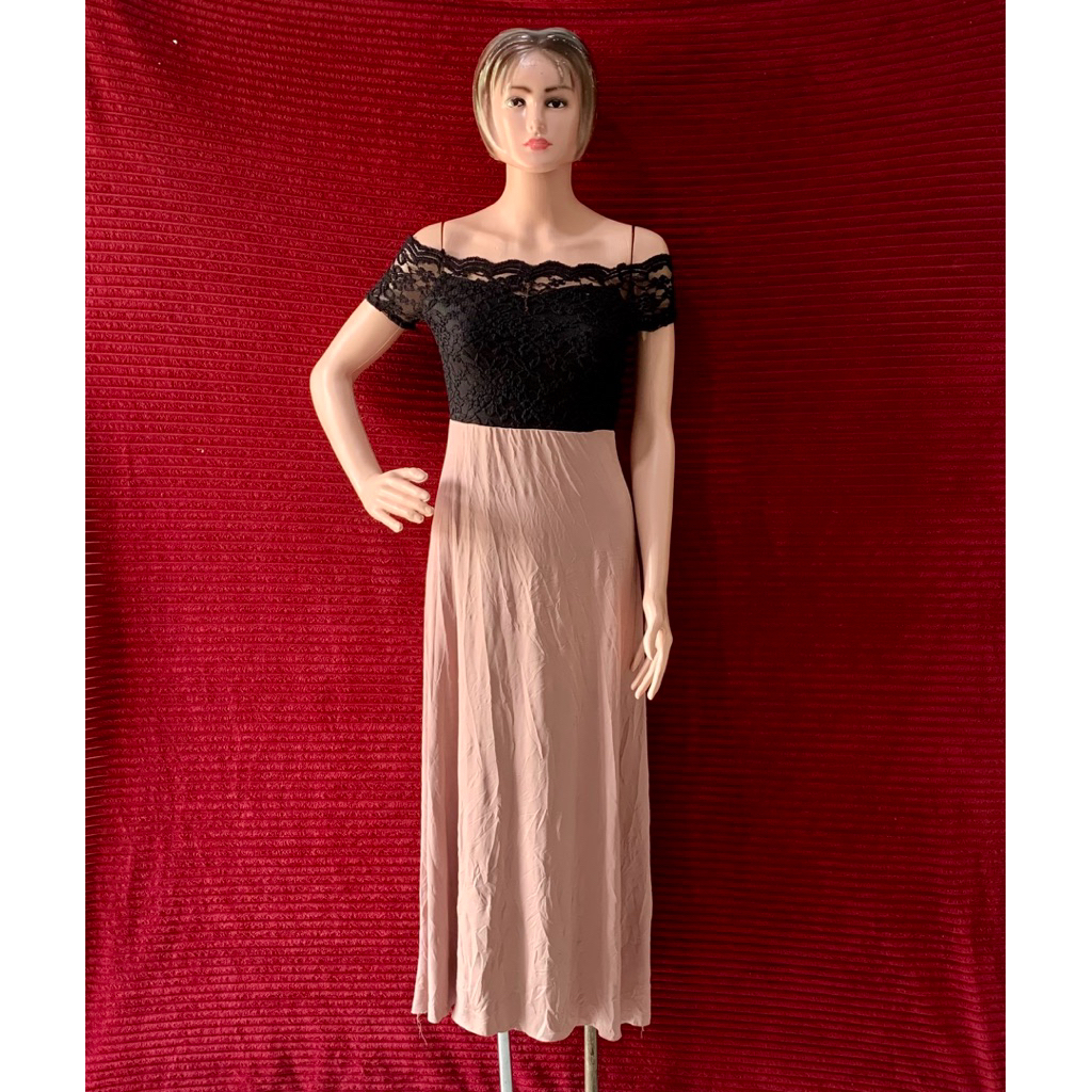 KOREAN FASHION DRESS WANITA BRUKAT HITAM MIX PELON SOFT PESTA ACARA BELAHAN