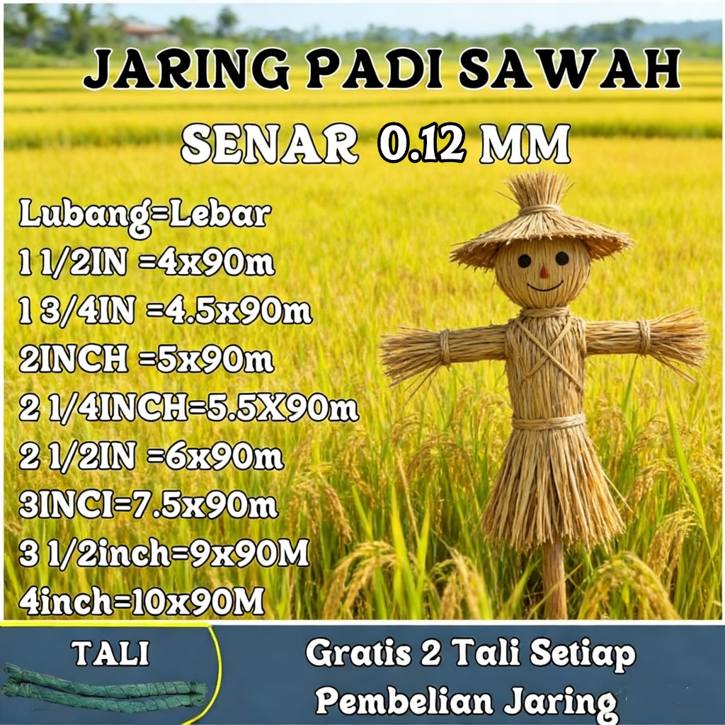 Jaring Burung Sawah Jaring Emprit Jaring Padi 0.12mm Lebar 7.5m Panjang 90meter