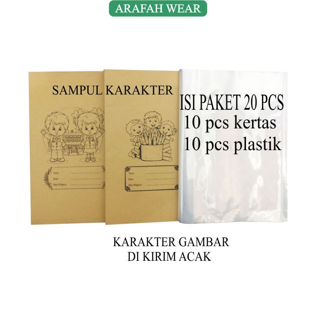 ARAFAH Sampul Buku Sekolah Isi 10 Sampul + 10 Plastik Ada Tabel Perkalian Polos Karakter