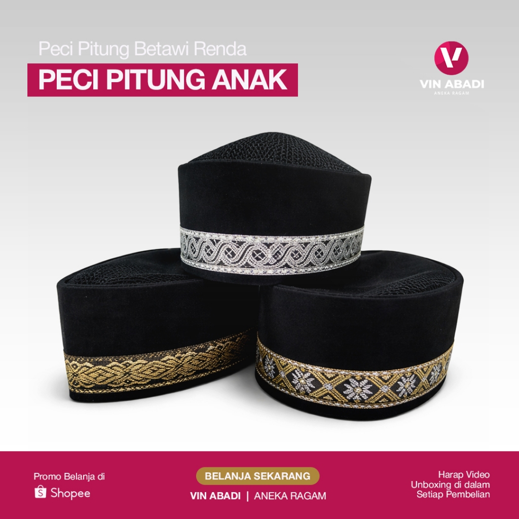 Peci Pitung Betawi Hitam / List Beludru Contesa / Motif Renda / Murah / Kopiah Haji / Songkok Nasion