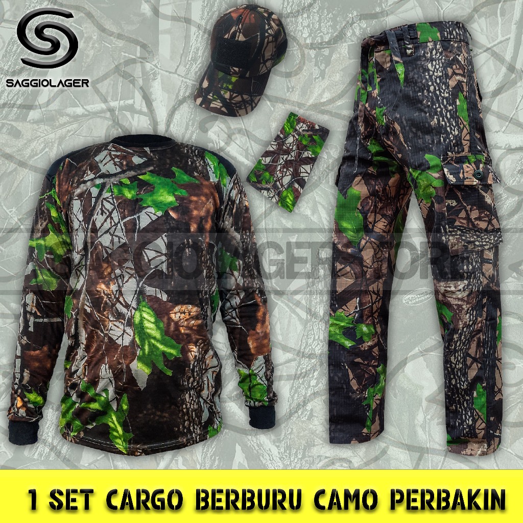 Satu Set Setelan Baju Kaos Decker Celana Cargo Topi Kamuflase Camo Perbakin Hunting Berburu