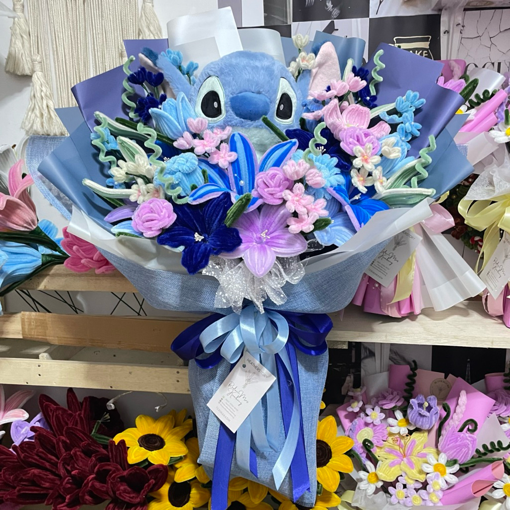 PO  Bouquet Buket boneka stitch kawat bulu pipecleaner