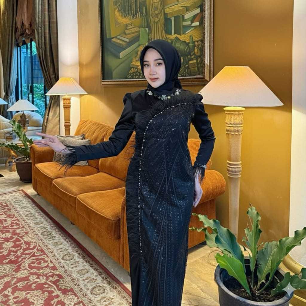 Kiukiu Willona Dress - Dress Payet Brukat Tile Premium Slim Fit - Dress wanita Muslim - Gamis Slim W