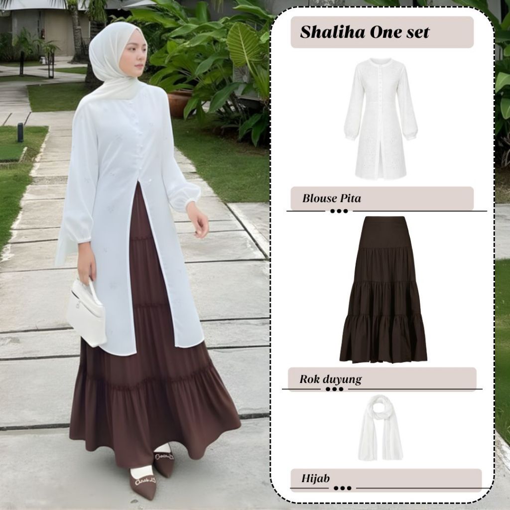 OOTD Lebaran 3 in 1 Outfit Clean Look ( Rok Susun + Tunik + Hijab ) One Set Remaja Hangout Kekinian 