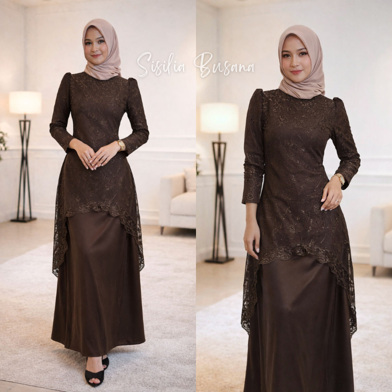 Sisilia - Binar Dress Maxy Satin Silk Mahogany Gamis Brokat Kombinasi Layer Gamis Lebaran Kondangan 