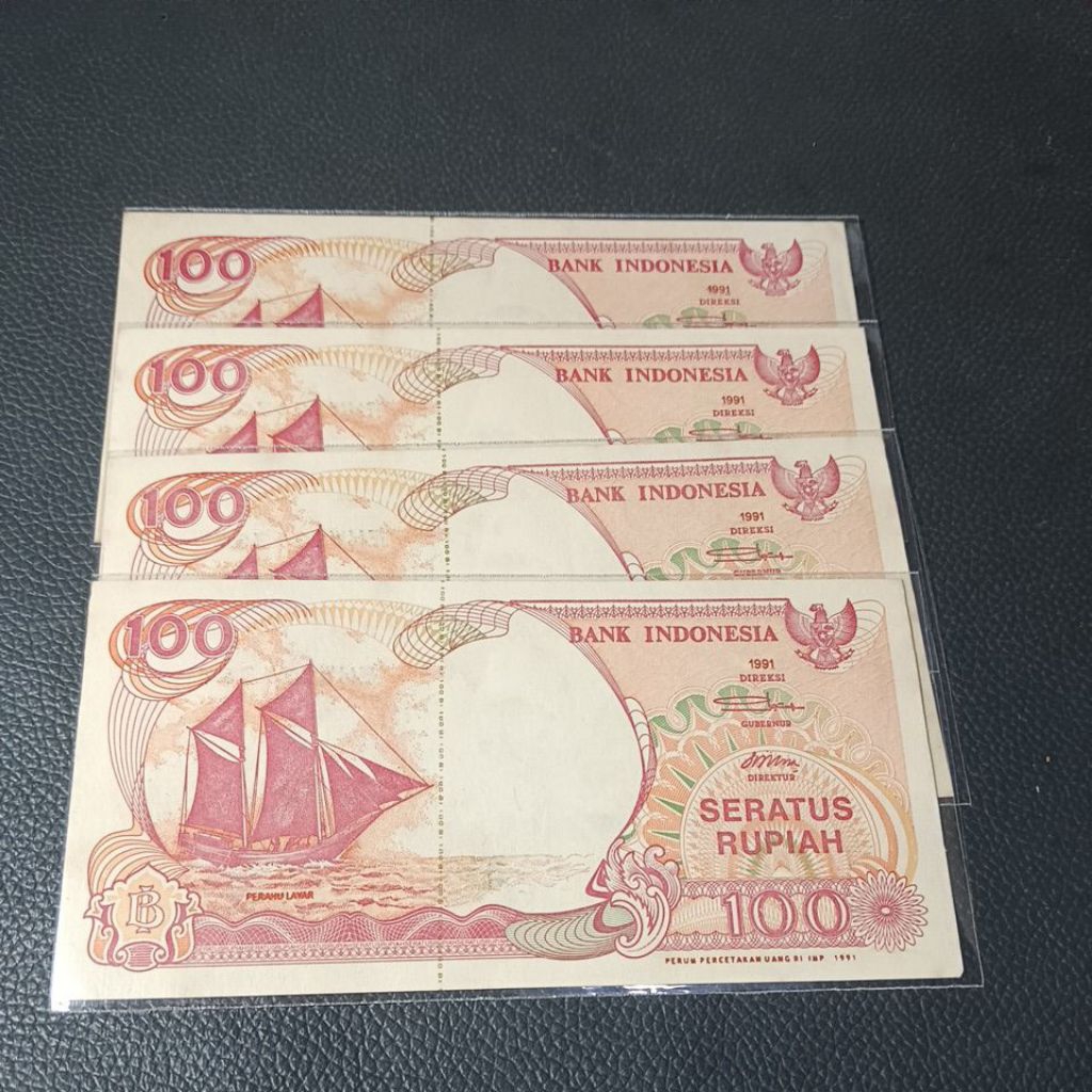 Uang kuno 100 rupiah prahu layar tahun 1991 benang emas