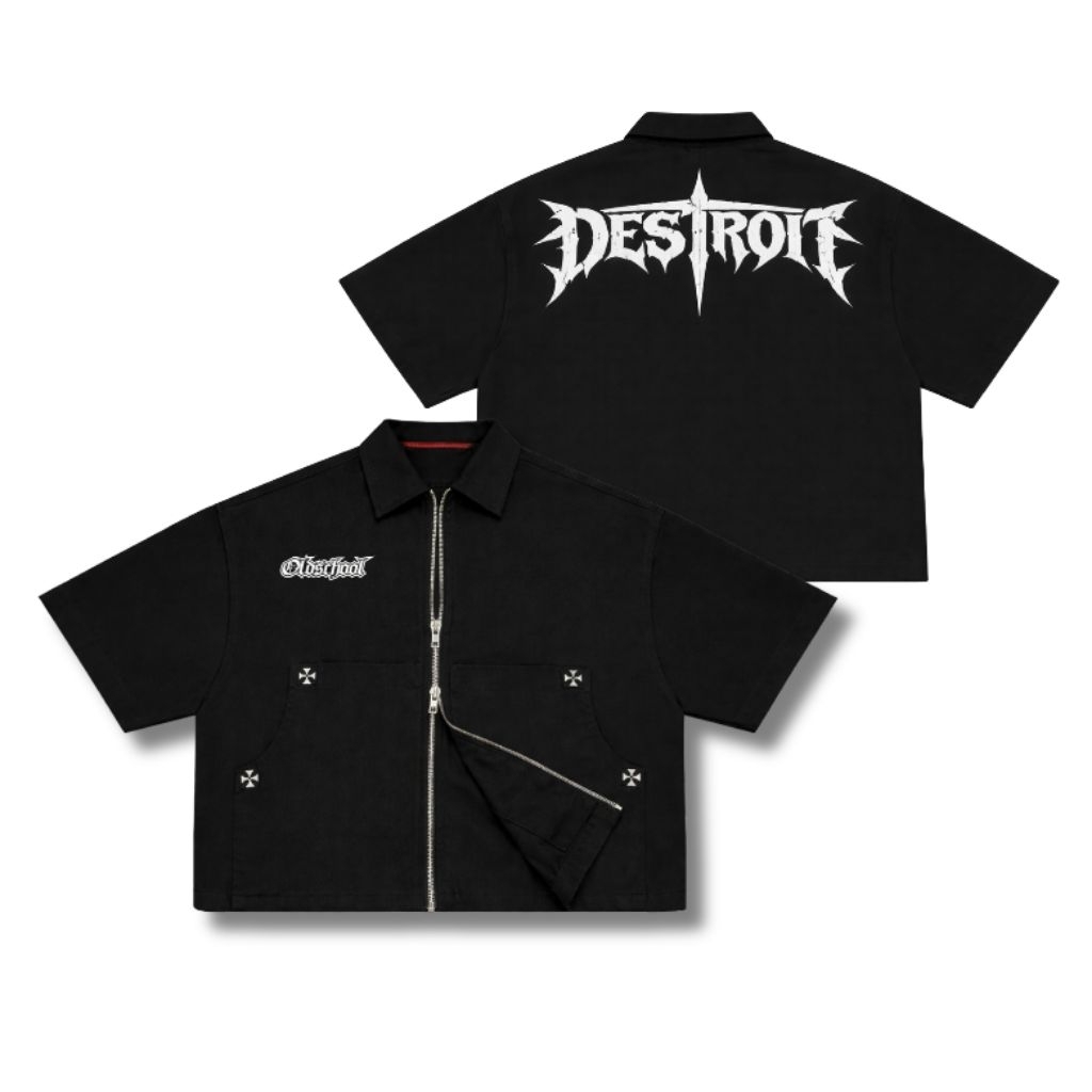DESTROIT|Workshirt Double zipper hitam pria - kemeja zipper boxy oversize - workshirt boxy oversize
