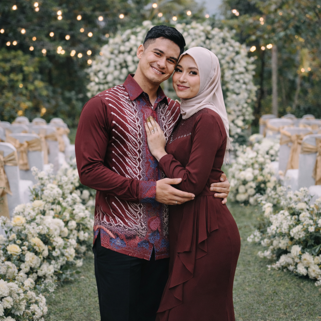 COUPLE GAMIS RAMADHAN TERBARU 2026 Gamis Satin Velvet Burgundy Mahogany