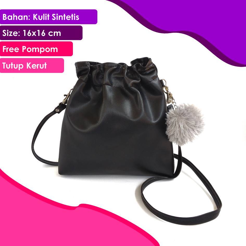 Sling Bag Wanita Kerut Mini Bag Free Gantungan Pompom Tali Bisa Lepas Pasang Tas Bahu Wanita