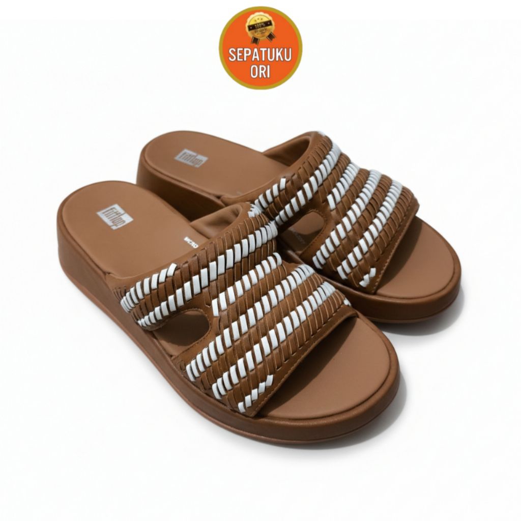 SANDAL WANITA FITFLOP WOMEN'S F-MODE WOVEN-LEATHER FLATFORM H-BAR SLIDES LIGHT TAN NEW ORI BNIB