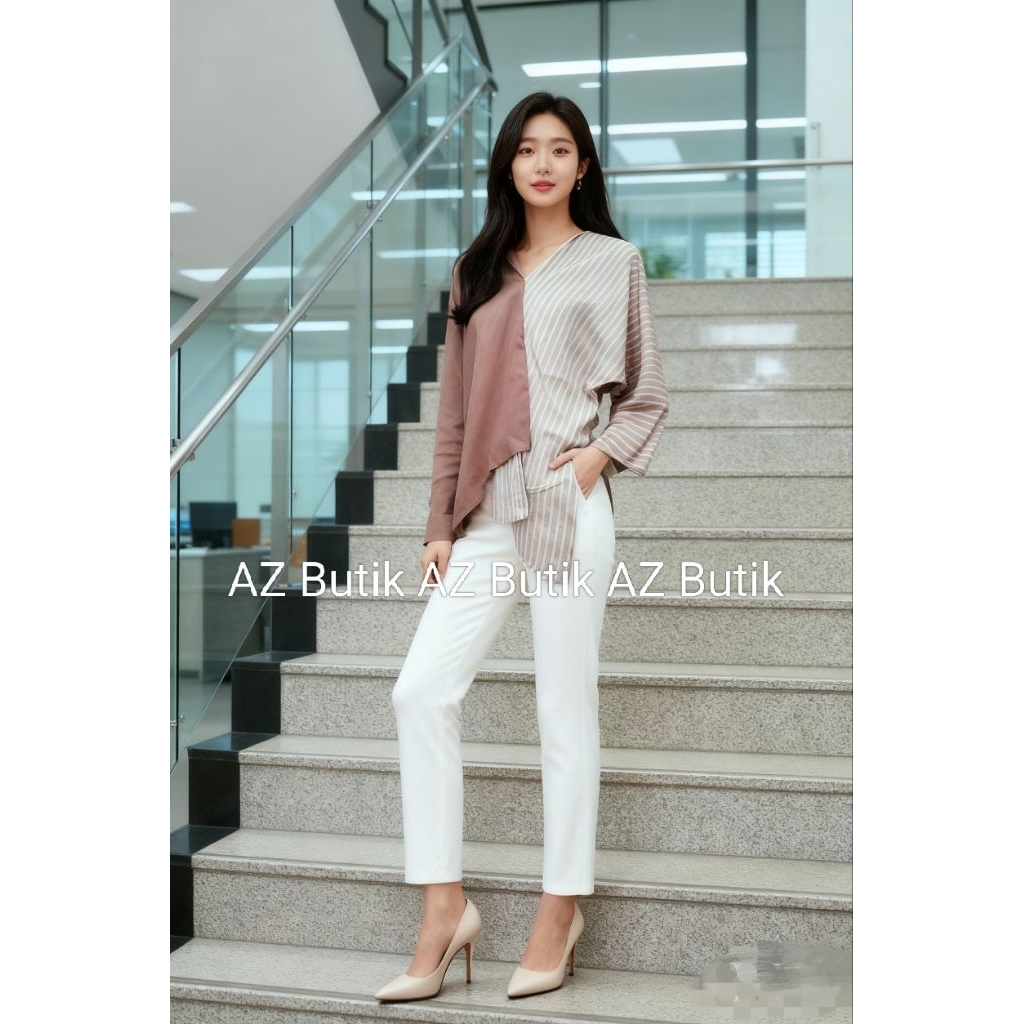 AZ BISA COD Atasan Blus Nagita Salur Garis Mix Dua Warna Two Tone Asimetris