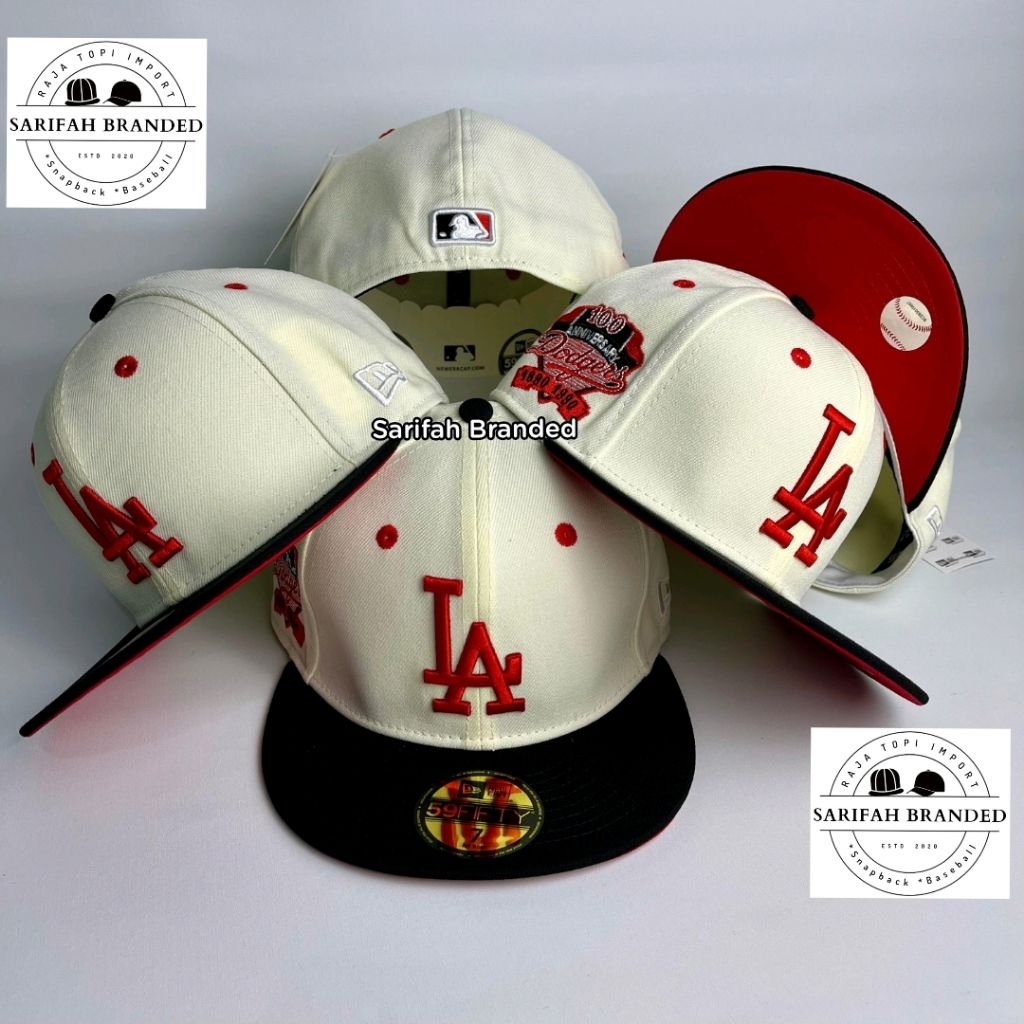Topi Build Up LA Cream Logo Merah AA+ Import - Topi Fitted Import