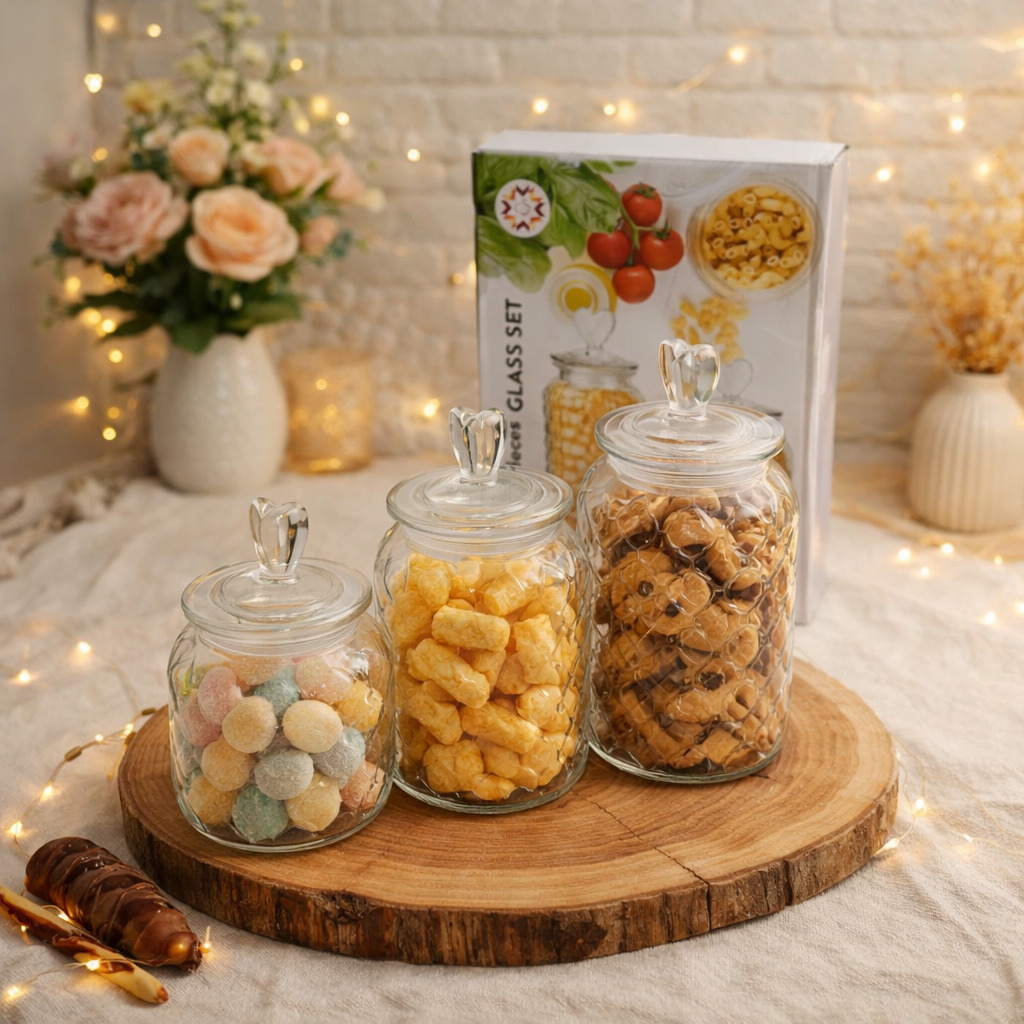 Toples Kaca LOVE Set 3in1 / 700 1000 1300 ml Kedap Udara Food Storage Sealed Kue Lebaran Candy Jar G