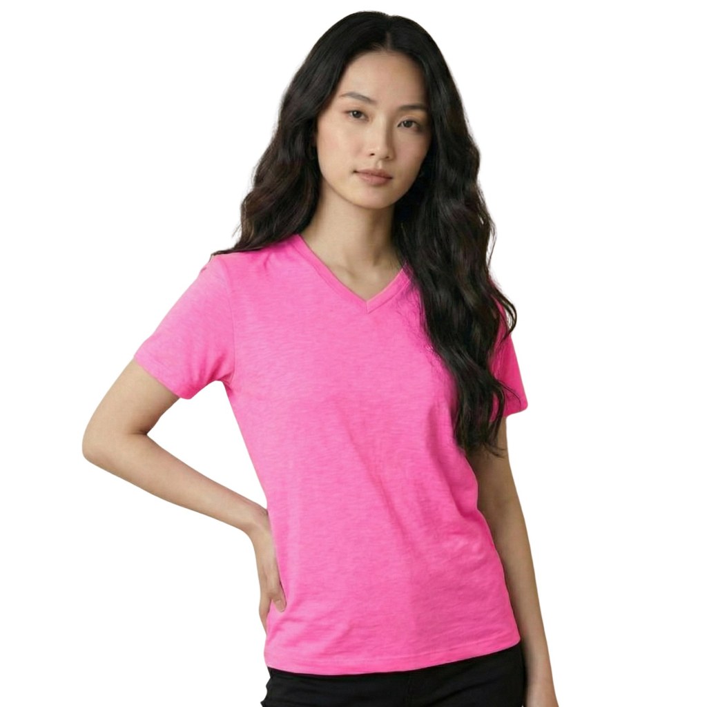 Kaos Polos Wanita Pink V Neck Original Premium Pakaian Branded Sisa Ekspor