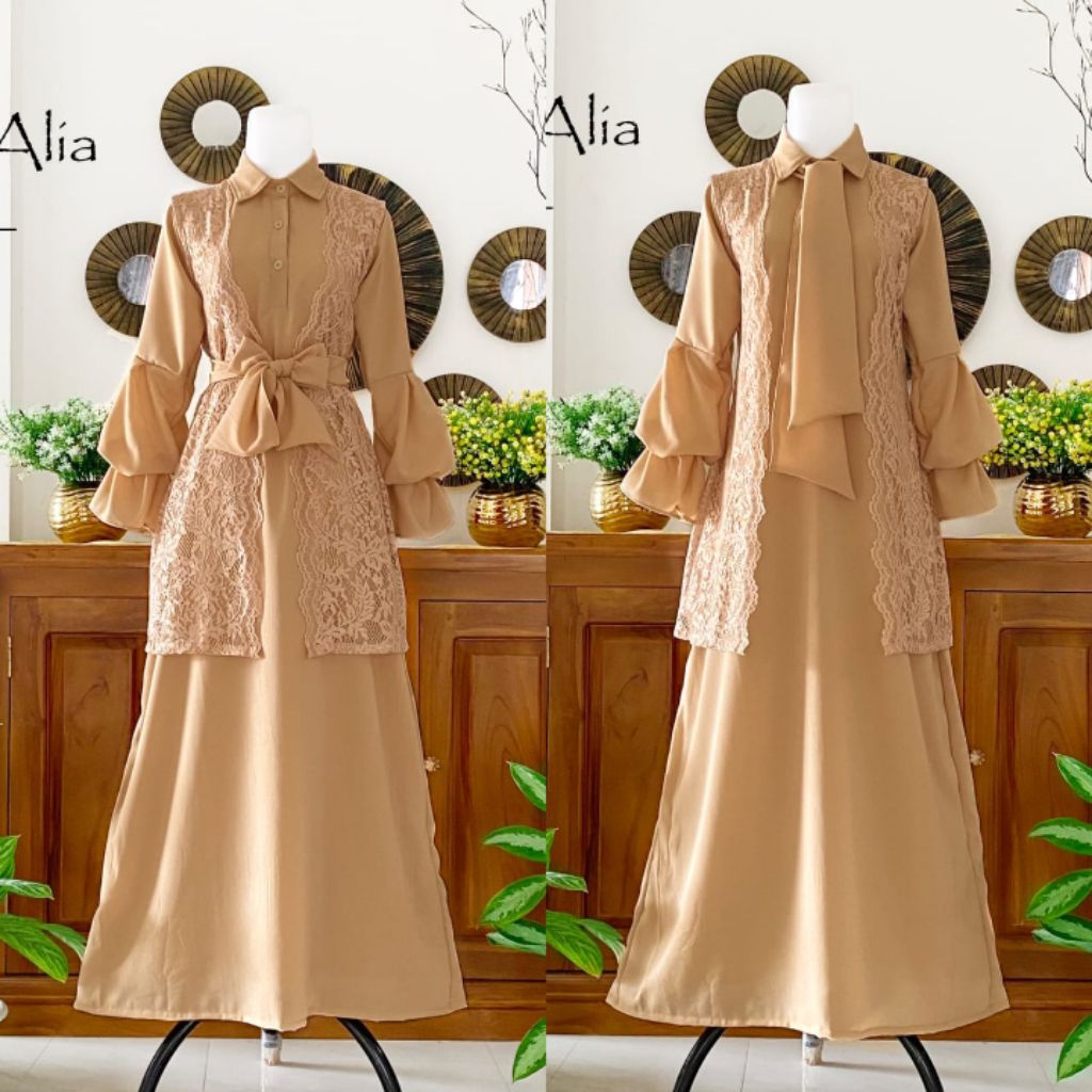 Gamis Alia 2 in 1 dress outer brokat anak dewasa baju lebaran wanita muslim pakaian kondangan pesta 