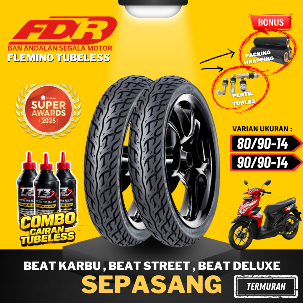 [PAKET SEPASANG] BAN FDR FLEMINO RING 14 / ( 80/90-14 & 90/90-14 ) BAN FDR TUBELESS TUBLES RING 14 /
