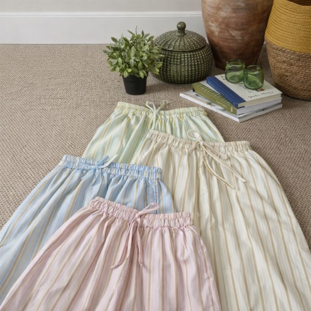 Celana Panjang Wanita Salur Stripe Katun Polyester | Kulot Wide Leg Loose Fit | Karet Pinggang Tali 