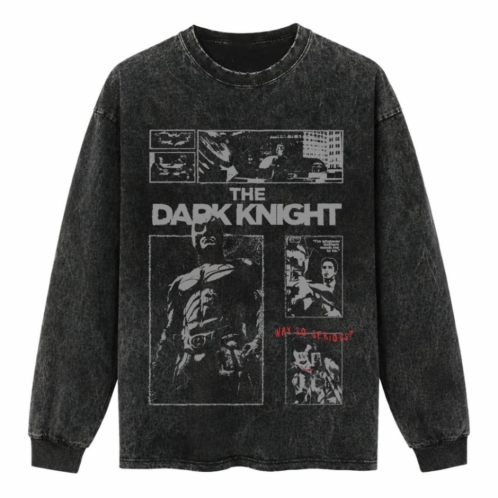 Psycho Crucify "The Dark Knight" Long Sleeve Oversized T-Shirt | Stone Wash | Kaos Oversize | Vintag