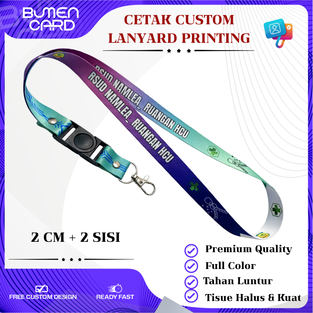Tali Lanyard Sublim Print Custom Desain Press 1 atau 2 Sisi Gantungan Name Tag Id Card Premium 2cm