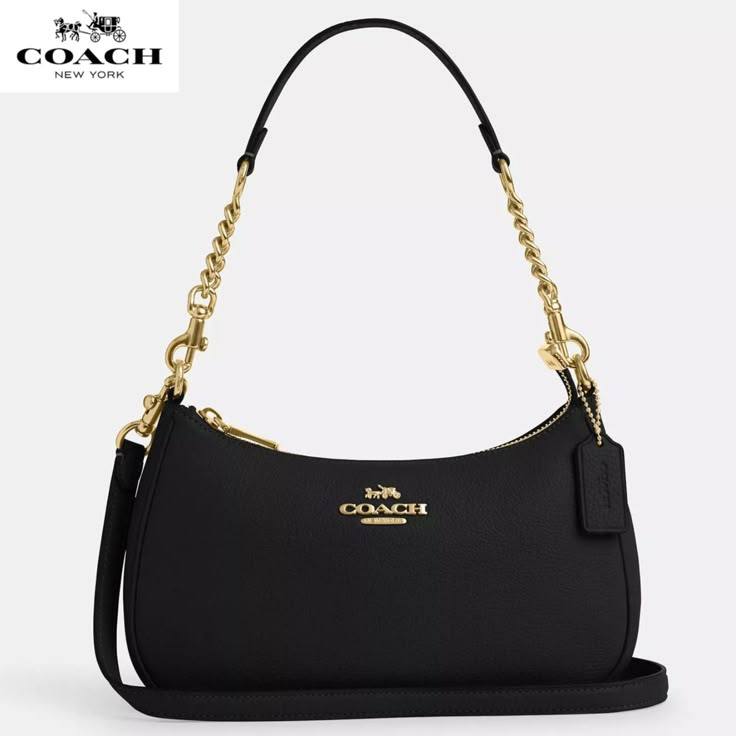 COACH Teri Shoulder Bag Kulit Kerikil Halus Tali Rantai Detachable Hitam gold