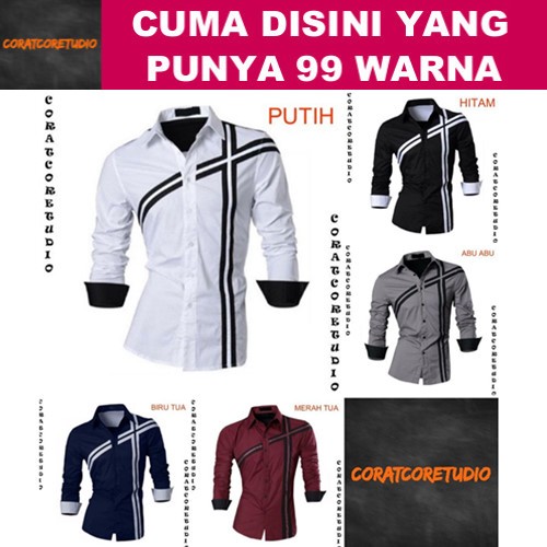 99 WARNA Hem Cowok Kemeja Pria Jumbo Big Size Lengan Panjang Sablon Garis Bordir BIRU NAVY MERAH MAR