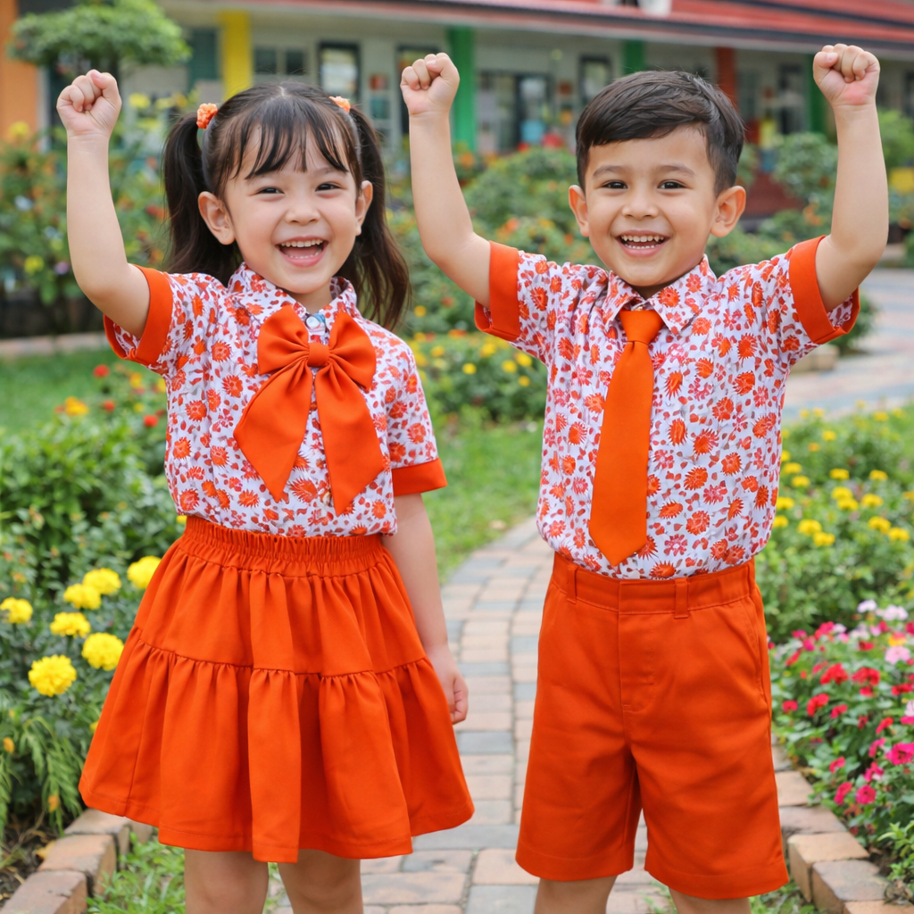 Baju Batik Paud Orange Seragam Batik Anak TK 1-10 Tahun Lengan Pendek