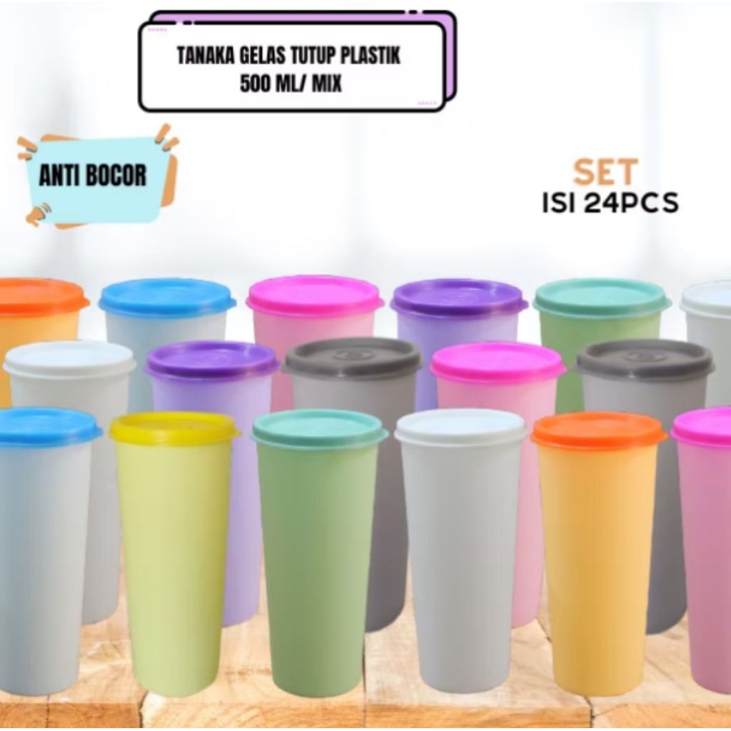 Gelas Plastik Tutup Pastel Tanaka volume 500ml cangkir tutup