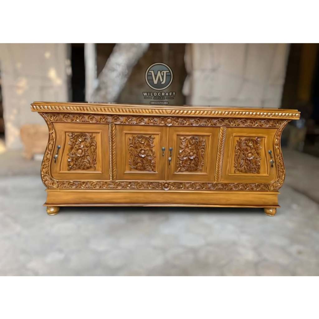 Bufet Meja TV Jati Ukir Elegan Mewah Natural - BUFET BIOLA UKIR KAYU JATI