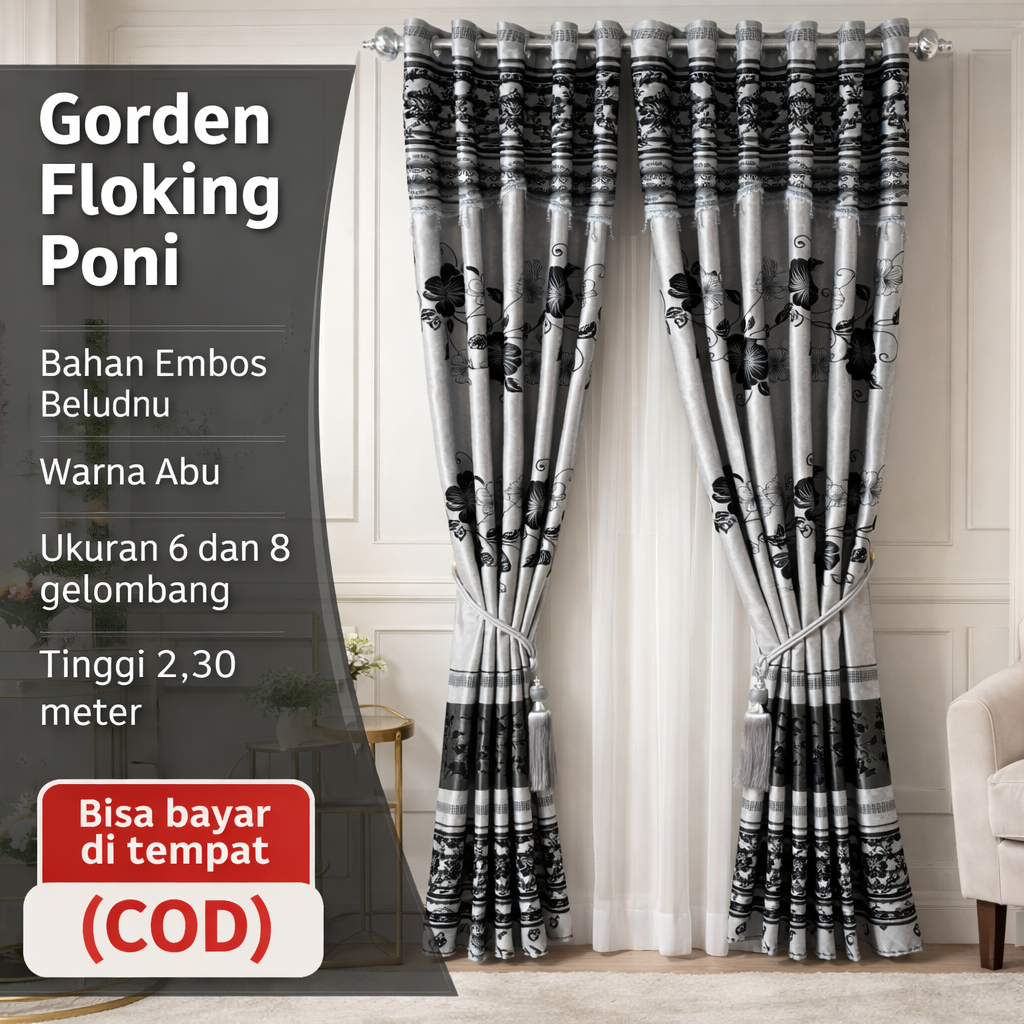 Gorden Blackout Floking Poni Ondas Motif Beludru Timbul/Premium/Tebal/Warna Abu Abu Kombinasi/Warna 