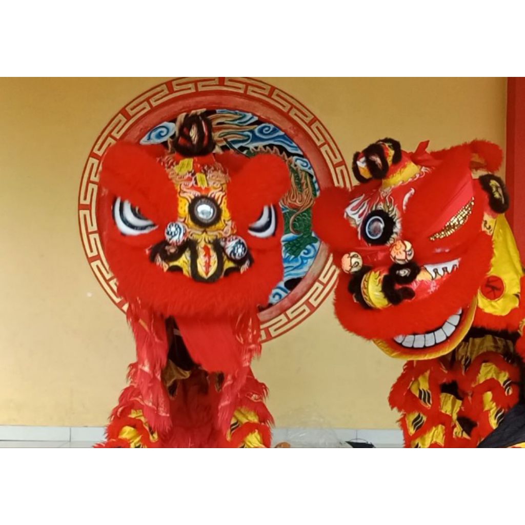 kepala barongsai warna merah ful bulu domba