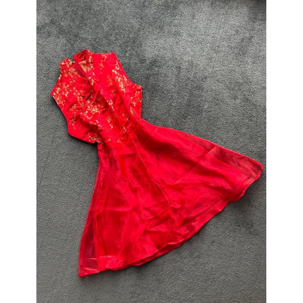 Dress cheongsam modern merah qibao organza