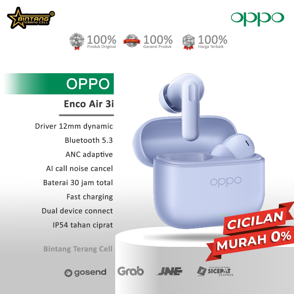 OPPO Enco Air 3i Bluetooth 5.2 35 Jam Bass Boost IPX4 Air Resisten Garansi Resmi