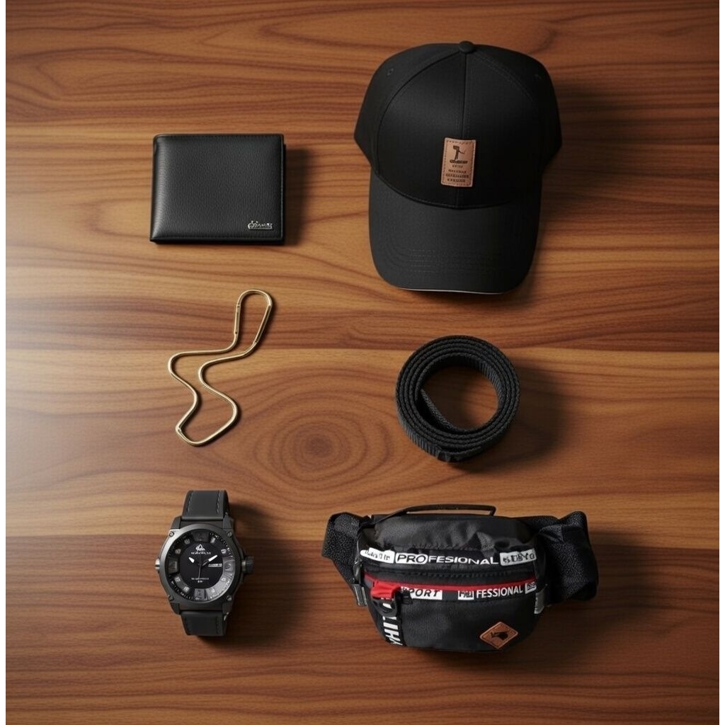 bundling 6in1 pria terbaru - promo tas salempang off white terbaru pria , jam kulit pria , kalung ti
