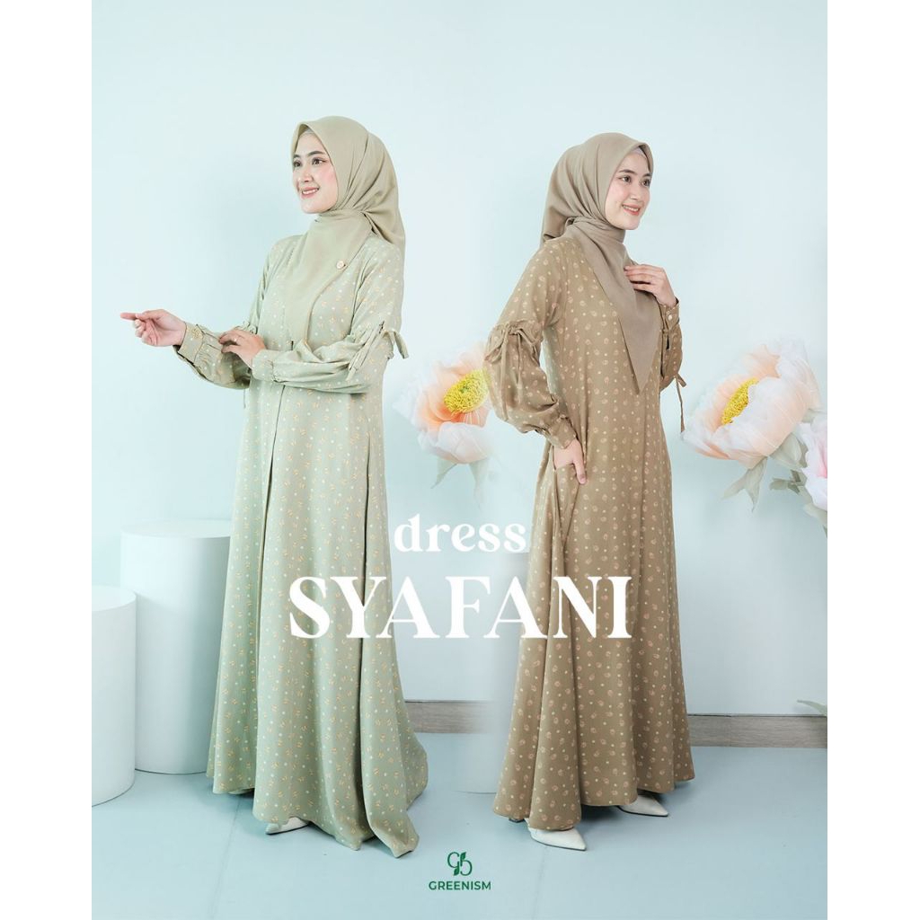 Gamis Sage Brown motif Bunga kecil Crinkle Motif Syafani Greenism