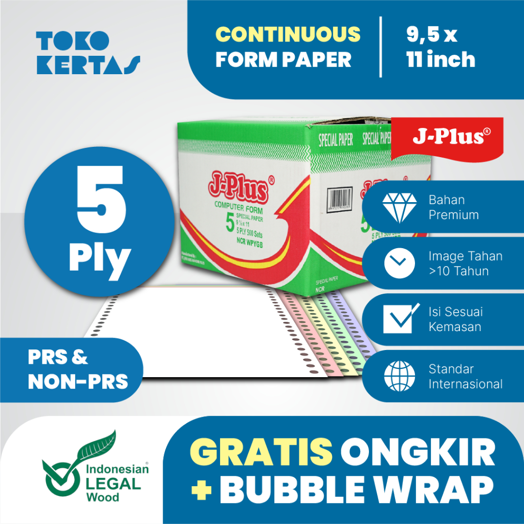 J-PLUS - Isi 500 Set 5 Rangkap Continuous Form 5 Ply 9,5" x 11" : 2 NCR PRS Kertas Komputer 5 Rangka